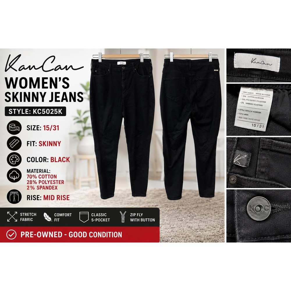 KanCan Womens Skinny Jeans Black Mid Rise Stretch Denim KC5025K Size 15/31
